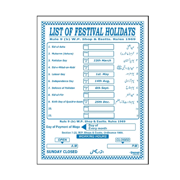 Picture of List Of Festival Holidays Sign