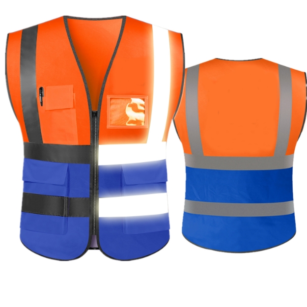 Reflective Orange Blue Clothing Jacket Breathable Mesh Multi Pockets Zipper Support Safety Vest